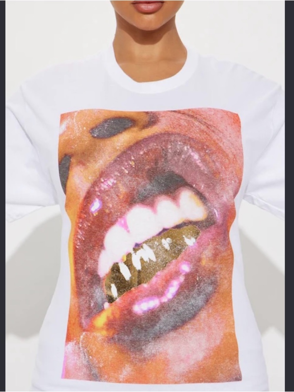 Fashion Nova White Tee with Metallic Grill Graphic